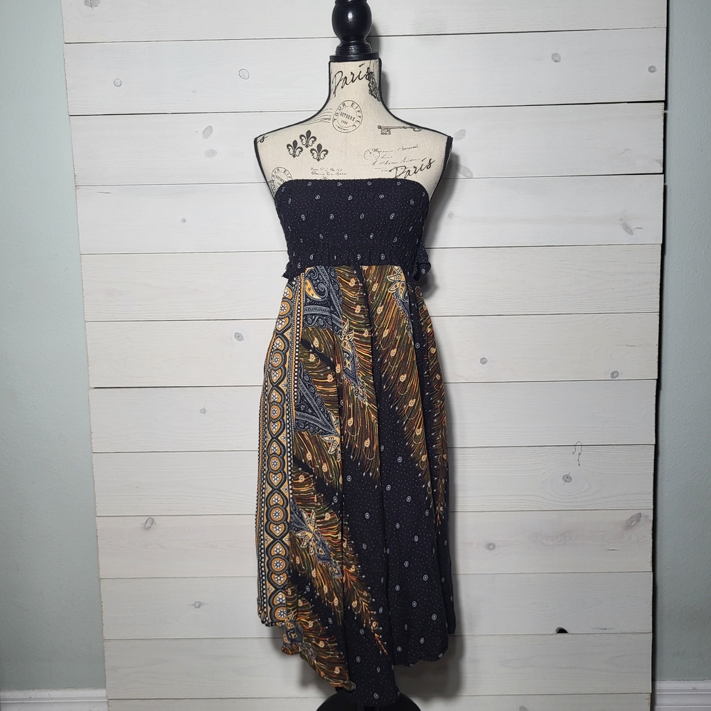 Boho Dress Asymmetrical Smocked Strapless Earthy Midi Maxi Skirt Fairygoth.